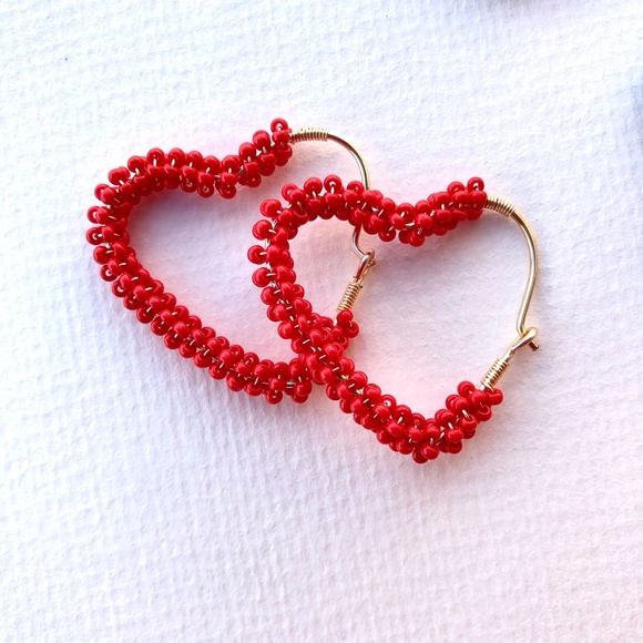 Handmade Red beaded Hoop earrings - Picture 1 of 3